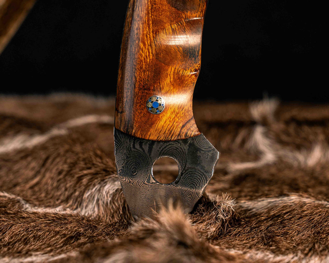 Recce Alpha Hawk- Baker Forge Raindrop Damascus- Desert Ironwood, 1937 Buffalo Nickel Over Engraved Brass Inlay, Mosaic Pins, Textured Grip