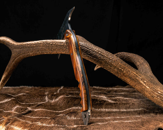 Recce Alpha Hawk- Baker Forge Raindrop Damascus- Desert Ironwood, 1937 Buffalo Nickel Over Engraved Brass Inlay, Mosaic Pins, Textured Grip