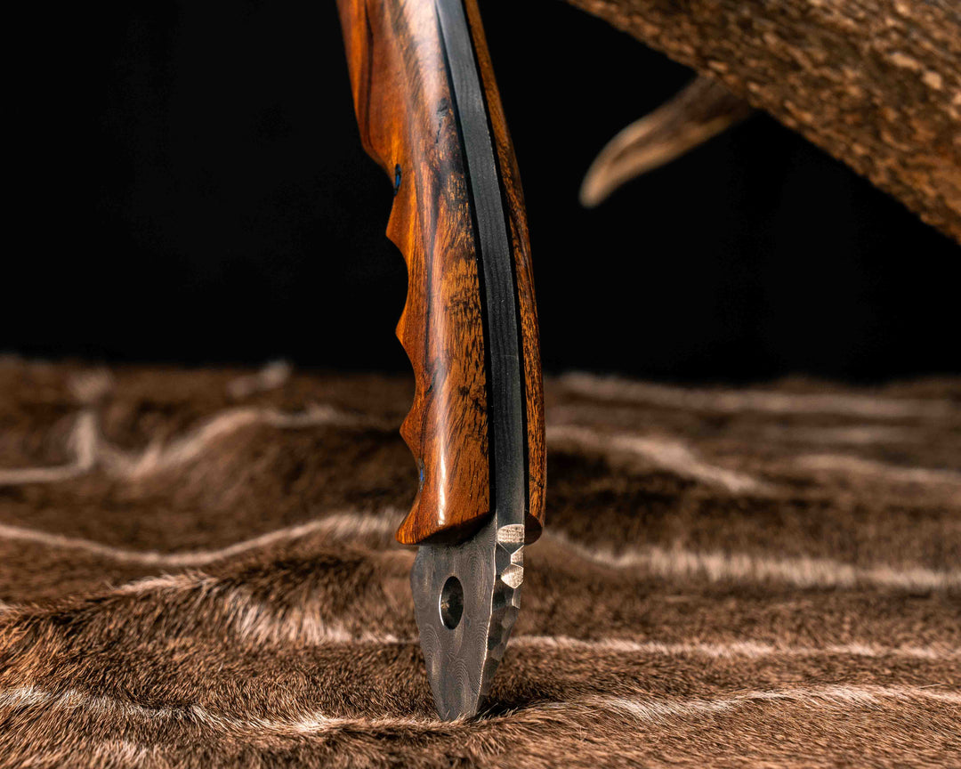 Recce Alpha Hawk- Baker Forge Raindrop Damascus- Desert Ironwood, 1937 Buffalo Nickel Over Engraved Brass Inlay, Mosaic Pins, Textured Grip