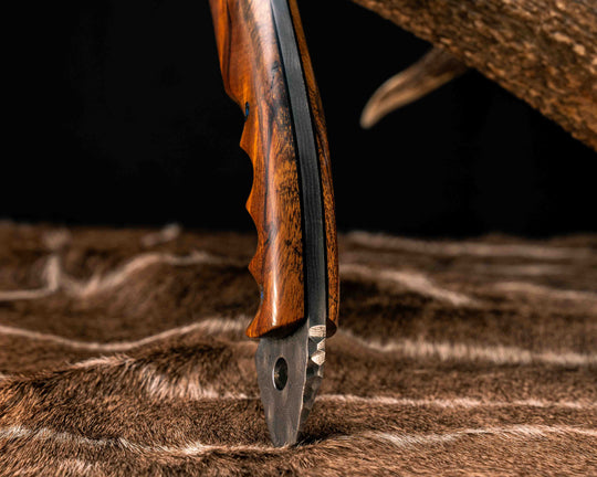 Recce Alpha Hawk- Baker Forge Raindrop Damascus- Desert Ironwood, 1937 Buffalo Nickel Over Engraved Brass Inlay, Mosaic Pins, Textured Grip