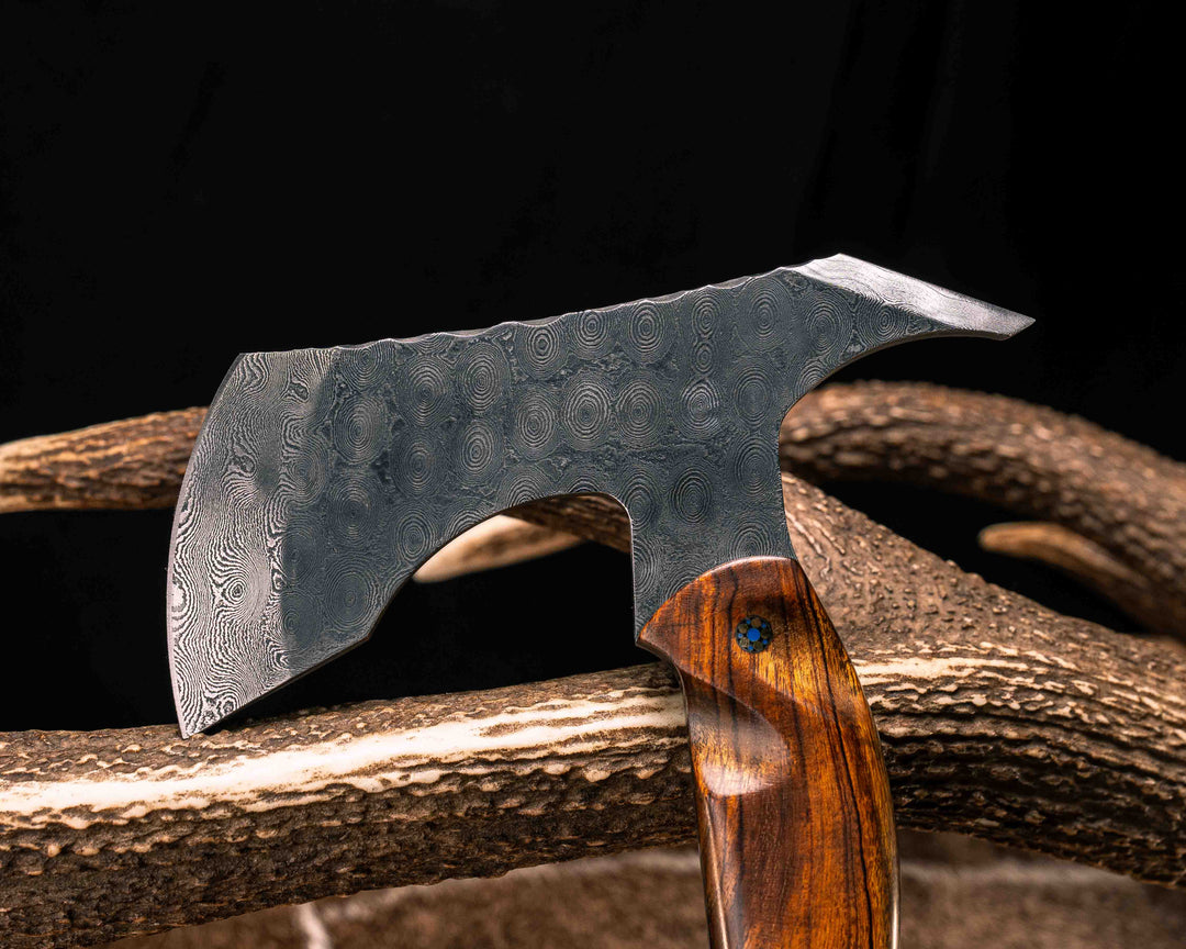 Recce Alpha Hawk- Baker Forge Raindrop Damascus- Desert Ironwood, 1937 Buffalo Nickel Over Engraved Brass Inlay, Mosaic Pins, Textured Grip