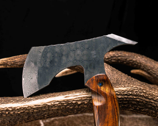Recce Alpha Hawk- Baker Forge Raindrop Damascus- Desert Ironwood, 1937 Buffalo Nickel Over Engraved Brass Inlay, Mosaic Pins, Textured Grip