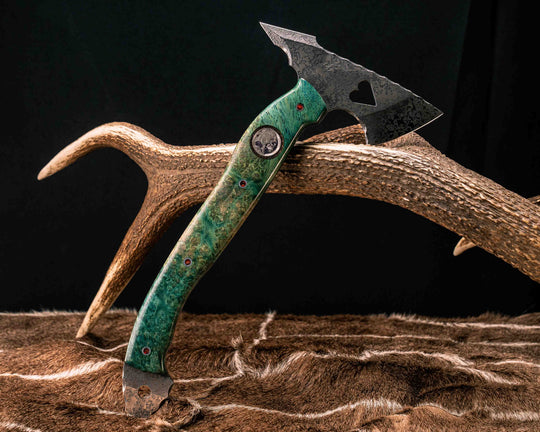 Bleeding Heart Hawk- Dyed Amboyna Burl, 1937 Buffalo Nickel Over Engraved Copper Inlay, Pearl Ruby Resin Aluminum Pins, Smooth Grip