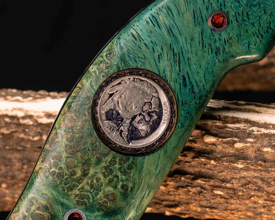 Bleeding Heart Hawk- Dyed Amboyna Burl, 1937 Buffalo Nickel Over Engraved Copper Inlay, Pearl Ruby Resin Aluminum Pins, Smooth Grip
