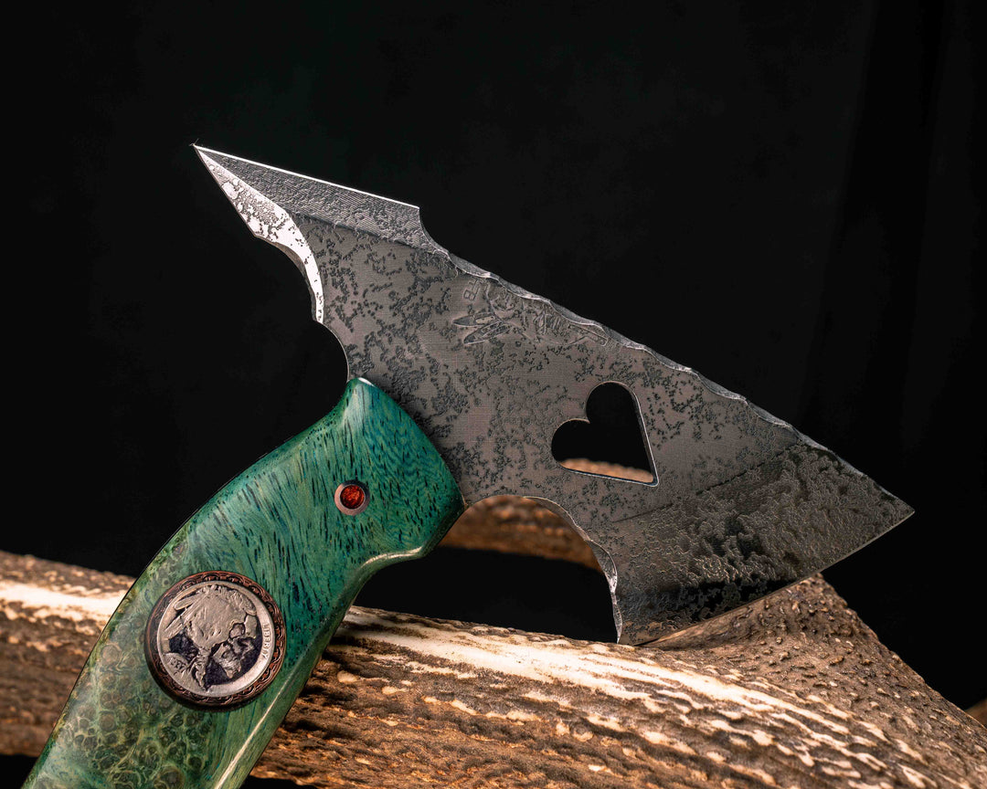 Bleeding Heart Hawk- Dyed Amboyna Burl, 1937 Buffalo Nickel Over Engraved Copper Inlay, Pearl Ruby Resin Aluminum Pins, Smooth Grip