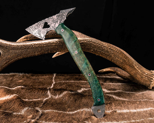 Bleeding Heart Hawk- Dyed Amboyna Burl, 1937 Buffalo Nickel Over Engraved Copper Inlay, Pearl Ruby Resin Aluminum Pins, Smooth Grip