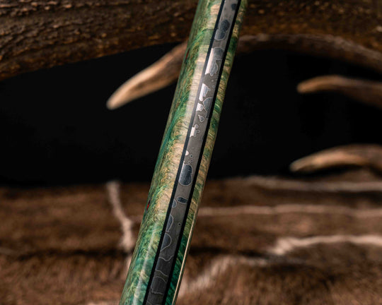 Bleeding Heart Hawk- Dyed Amboyna Burl, 1937 Buffalo Nickel Over Engraved Copper Inlay, Pearl Ruby Resin Aluminum Pins, Smooth Grip