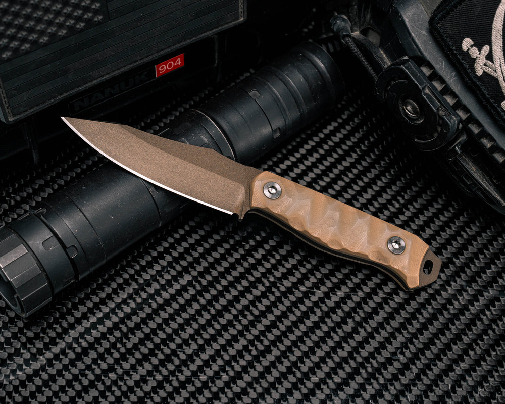 Field Knife Jr- Coyote and Ghost G10, Midnight Bronze Cerakote, Ti Bolts, Textured Grip