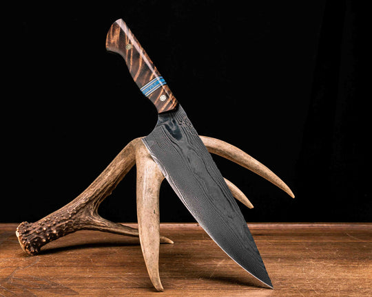 Chef Blade- Old Stock Damascus- Hawaiian Curly Koa, Black G10, Brass, Blue G10 and White G10 Pin Striping, Dark Denim Recon Stone Split, Mosaic Pins, Smooth Grip