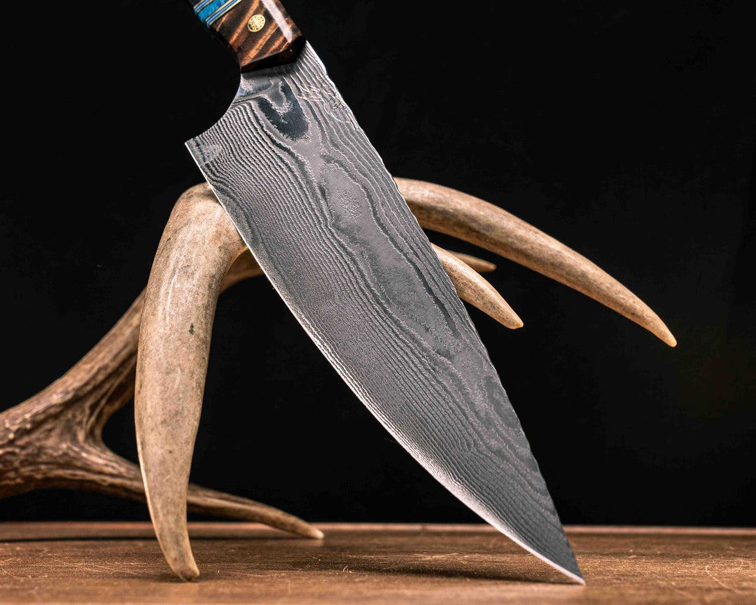 Chef Blade- Old Stock Damascus- Hawaiian Curly Koa, Black G10, Brass, Blue G10 and White G10 Pin Striping, Dark Denim Recon Stone Split, Mosaic Pins, Smooth Grip