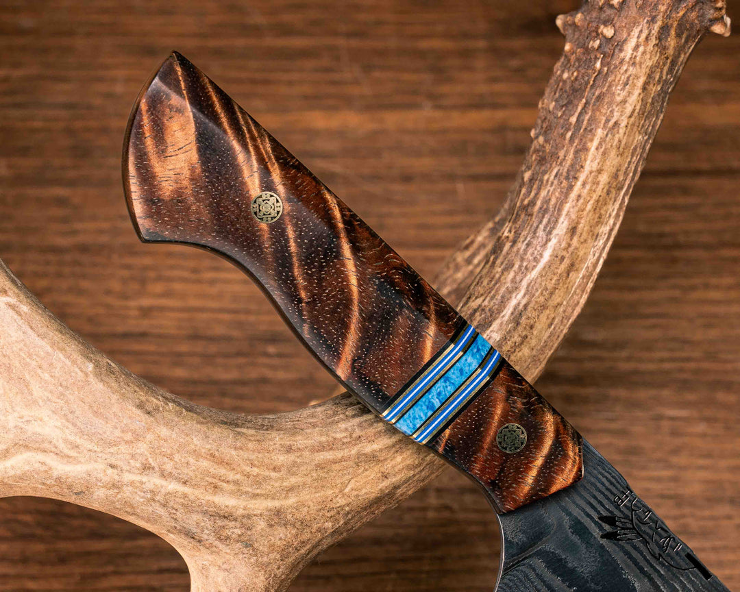 Chef Blade- Old Stock Damascus- Hawaiian Curly Koa, Black G10, Brass, Blue G10 and White G10 Pin Striping, Dark Denim Recon Stone Split, Mosaic Pins, Smooth Grip