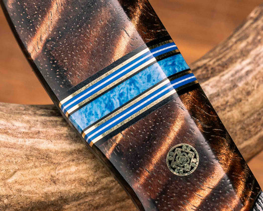 Chef Blade- Old Stock Damascus- Hawaiian Curly Koa, Black G10, Brass, Blue G10 and White G10 Pin Striping, Dark Denim Recon Stone Split, Mosaic Pins, Smooth Grip