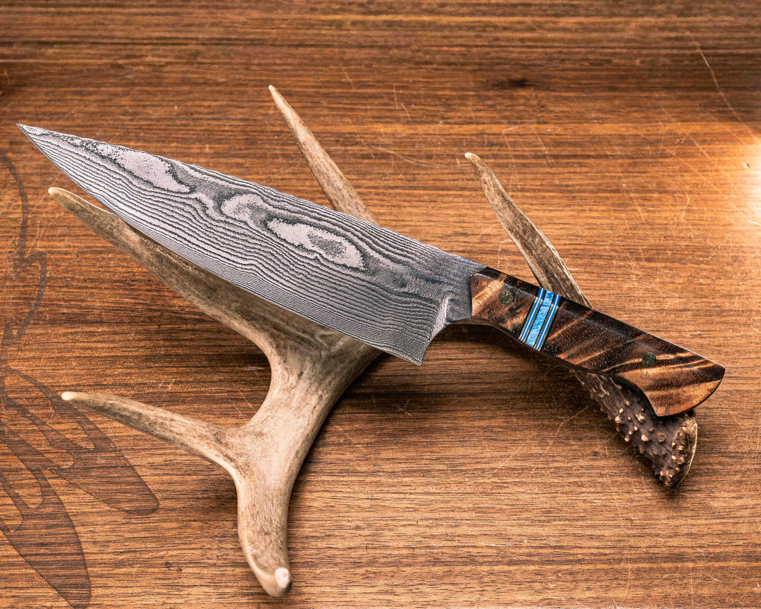 Chef Blade- Old Stock Damascus- Hawaiian Curly Koa, Black G10, Brass, Blue G10 and White G10 Pin Striping, Dark Denim Recon Stone Split, Mosaic Pins, Smooth Grip