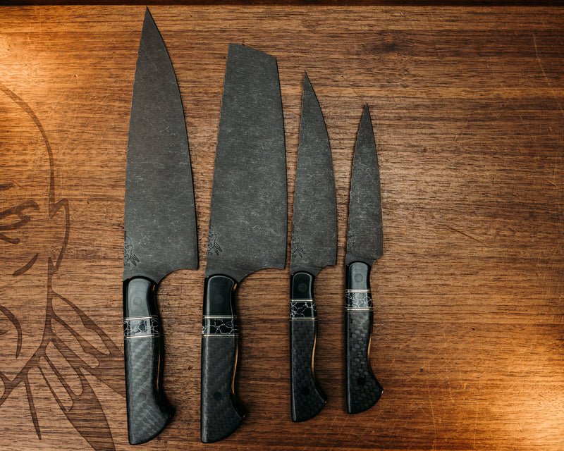Chef Set- African Blackwood, Black G10, White G10 and Brass Pin Striping, Black with White Web Tru-stone Split, Carbon, CF Pins, Smooth Grip