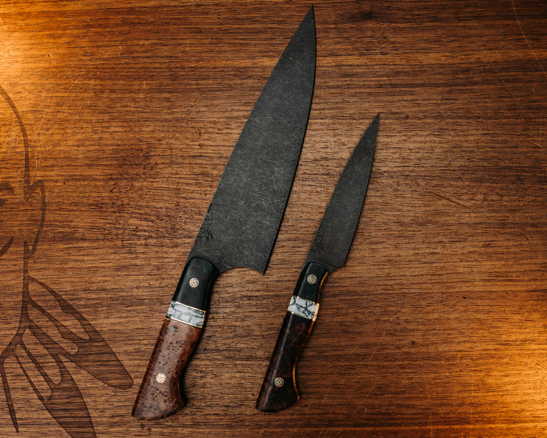 2 Piece Chef Set- Dyed Redwood, Black G10 and Brass Pin Striping, White Turquoise Tru-stone Split, Redwood Burl, Mosaic Pins, Smooth Grip
