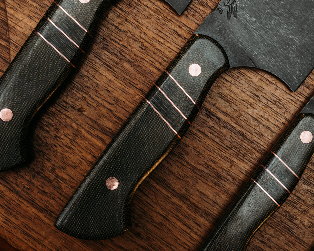 Chef Set- Olive Green Canvas Micarta, Copper Pin Striping, Olive Green Canvas Micarta, Copper Pins, Smooth Grip