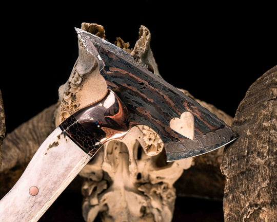 Bleeding Heart Hawk- Baker Forge Random Pattern CopperMai Deep Polish Etch- Copper, Black G10, Copper and Black with Copper Web Tru-stone Pin Striping, Elk antler Split, Copper Patriot Mosaic Pins, Copper Pins, Textured Grip