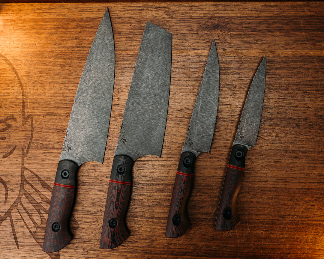 Chef Set - Black Dunes Carbon, Grey G10, Ruby G10, Orange G10 and Cherry G10 Split, Lava Flow FAT Carbon, Allen Bolts, Smooth Grip, Acid Etched