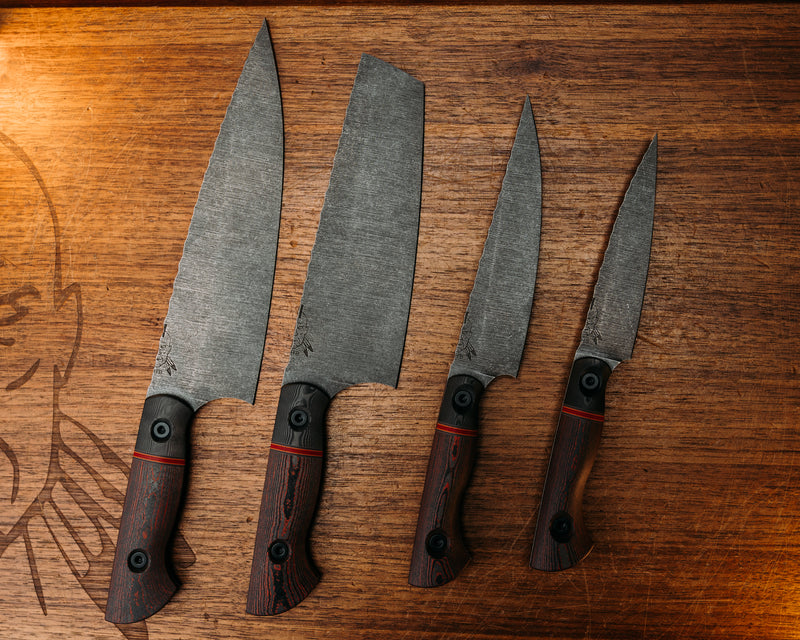 Chef Set - Black Dunes Carbon, Grey G10, Ruby G10, Orange G10 and Cherry G10 Split, Lava Flow FAT Carbon, Allen Bolts, Smooth Grip, Acid Etched