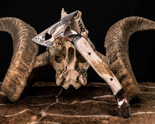 Bleeding Heart Hawk- Baker Forge Random Pattern CopperMai Deep Polish Etch- Copper, Black G10, Copper and Black with Copper Web Tru-stone Pin Striping, Elk antler Split, Copper Patriot Mosaic Pins, Copper Pins, Textured Grip