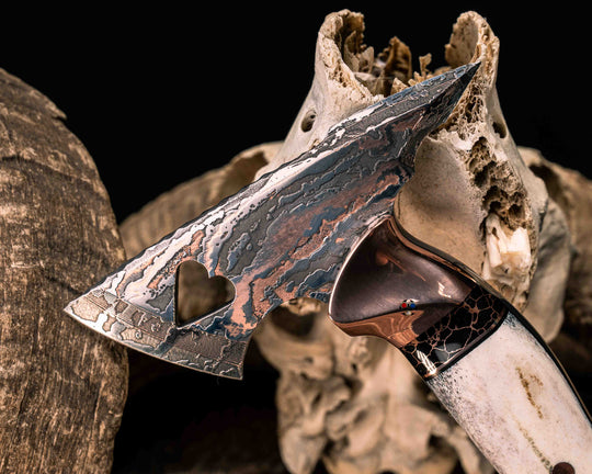 Bleeding Heart Hawk- Baker Forge Random Pattern CopperMai Deep Polish Etch- Copper, Black G10, Copper and Black with Copper Web Tru-stone Pin Striping, Elk antler Split, Copper Patriot Mosaic Pins, Copper Pins, Textured Grip