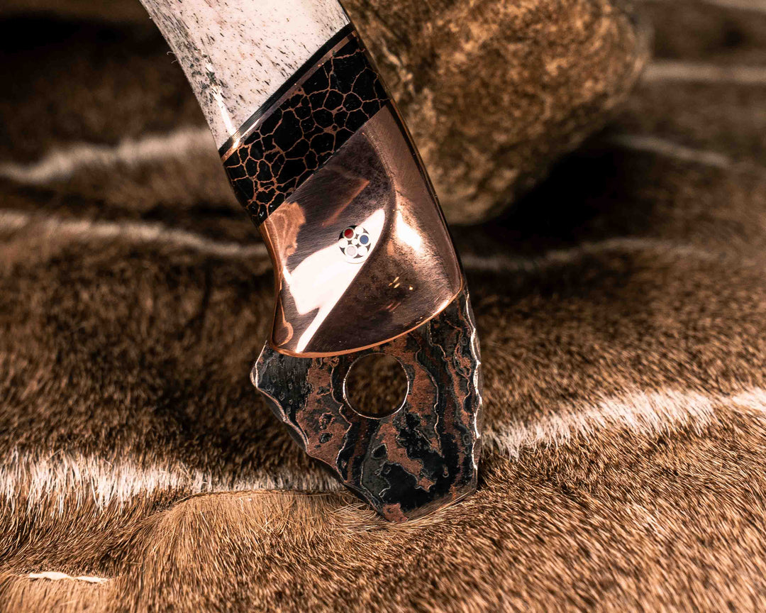 Bleeding Heart Hawk- Baker Forge Random Pattern CopperMai Deep Polish Etch- Copper, Black G10, Copper and Black with Copper Web Tru-stone Pin Striping, Elk antler Split, Copper Patriot Mosaic Pins, Copper Pins, Textured Grip