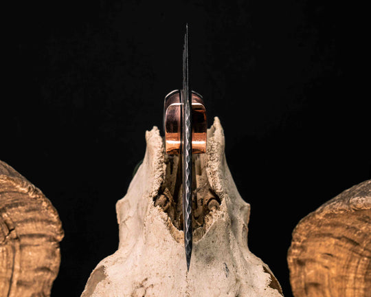 Bleeding Heart Hawk- Baker Forge Random Pattern CopperMai Deep Polish Etch- Copper, Black G10, Copper and Black with Copper Web Tru-stone Pin Striping, Elk antler Split, Copper Patriot Mosaic Pins, Copper Pins, Textured Grip