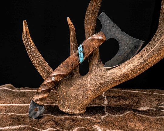 Viking Hawk- Baker Forge Raindrop Damascus- Chechen Caribbean Rosewood, Black G10, White G10 and Copper Pin Striping, Turquoise with Copper Web Tru-stone Split, Copper Patriot Mosaic Pins, Textured Grip