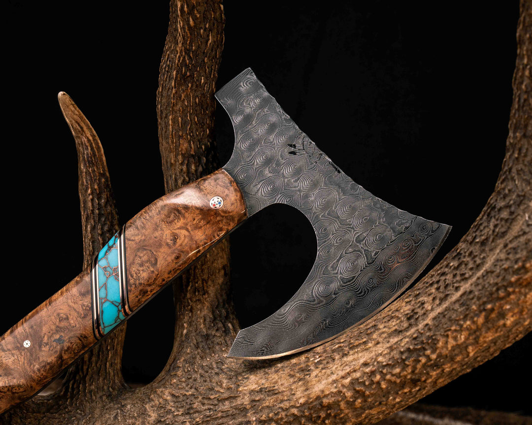 Viking Hawk- Baker Forge Raindrop Damascus- Chechen Caribbean Rosewood, Black G10, White G10 and Copper Pin Striping, Turquoise with Copper Web Tru-stone Split, Copper Patriot Mosaic Pins, Textured Grip