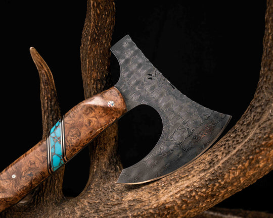 Viking Hawk- Baker Forge Raindrop Damascus- Chechen Caribbean Rosewood, Black G10, White G10 and Copper Pin Striping, Turquoise with Copper Web Tru-stone Split, Copper Patriot Mosaic Pins, Textured Grip
