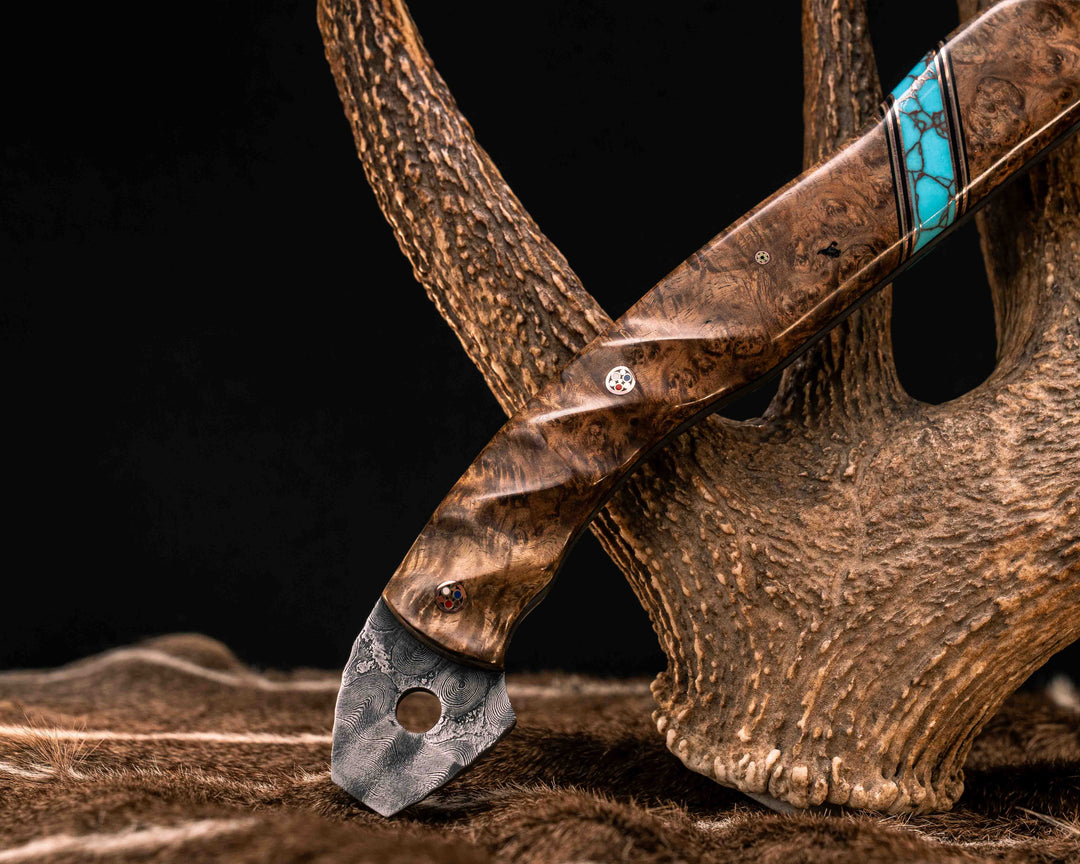 Viking Hawk- Baker Forge Raindrop Damascus- Chechen Caribbean Rosewood, Black G10, White G10 and Copper Pin Striping, Turquoise with Copper Web Tru-stone Split, Copper Patriot Mosaic Pins, Textured Grip