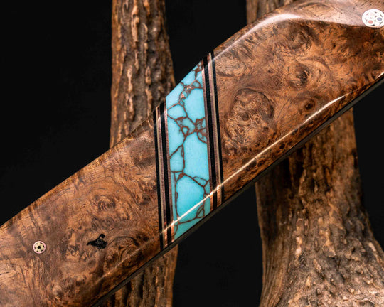 Viking Hawk- Baker Forge Raindrop Damascus- Chechen Caribbean Rosewood, Black G10, White G10 and Copper Pin Striping, Turquoise with Copper Web Tru-stone Split, Copper Patriot Mosaic Pins, Textured Grip