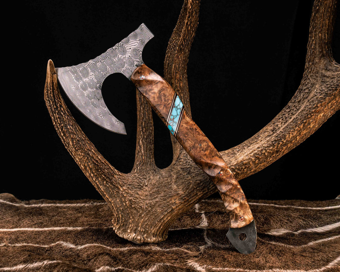 Viking Hawk- Baker Forge Raindrop Damascus- Chechen Caribbean Rosewood, Black G10, White G10 and Copper Pin Striping, Turquoise with Copper Web Tru-stone Split, Copper Patriot Mosaic Pins, Textured Grip