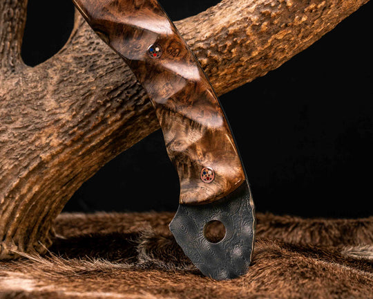 Viking Hawk- Baker Forge Raindrop Damascus- Chechen Caribbean Rosewood, Black G10, White G10 and Copper Pin Striping, Turquoise with Copper Web Tru-stone Split, Copper Patriot Mosaic Pins, Textured Grip