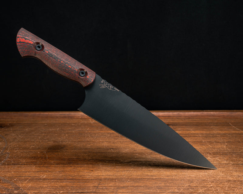 Chef Blade - Lava Flow FAT Carbon, Armor Black Cerakote, Rock Worked Spine, Allen Bolts, Smooth Grip