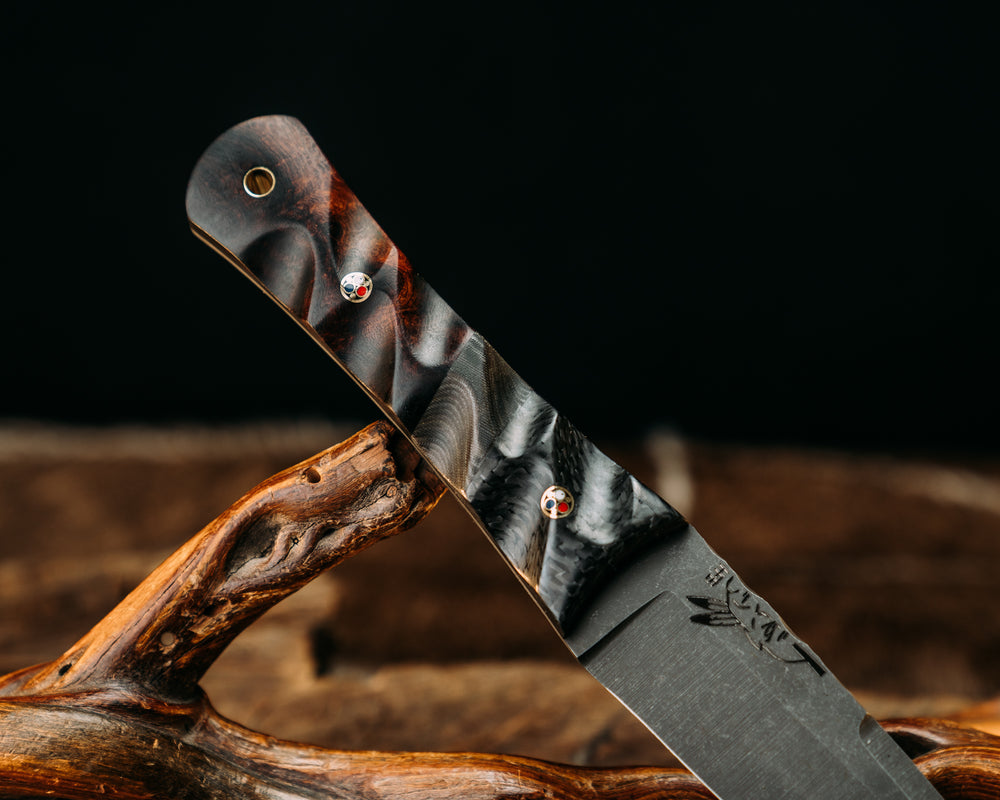 One Off Prototype- Carbon Fiber, Navy S.E.A.L AOR 2 Cammie Micarta Split, Desert Ironwood, Patriot Mosaic Pins, Textured Grip