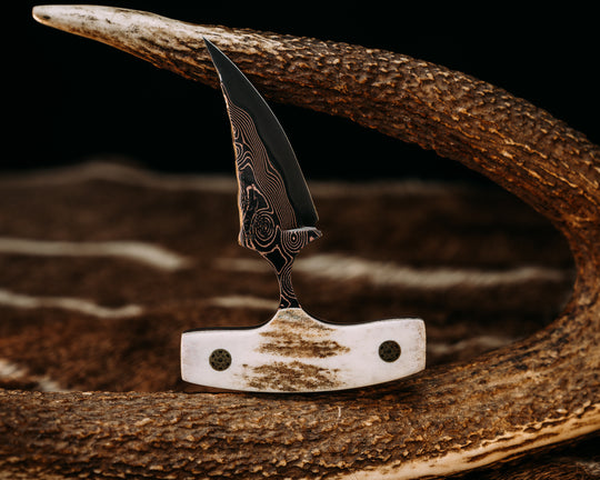 K9 Push Blade- Baker Forge CopperMai -Raindrop (Ni Shim)-Elk Antler, Mosaic Pins, Smooth Natural Grip