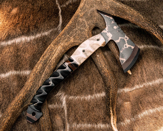 Recce Alpha Hawk- Baker Forge Random Pattern CopperMai- Elk Antler, Black G10 and Copper Pin Striping, Black Burlap Micarta and Desert Ironwood Split, Black Burlap Micarta, Mosaic Pins, Textured Grip