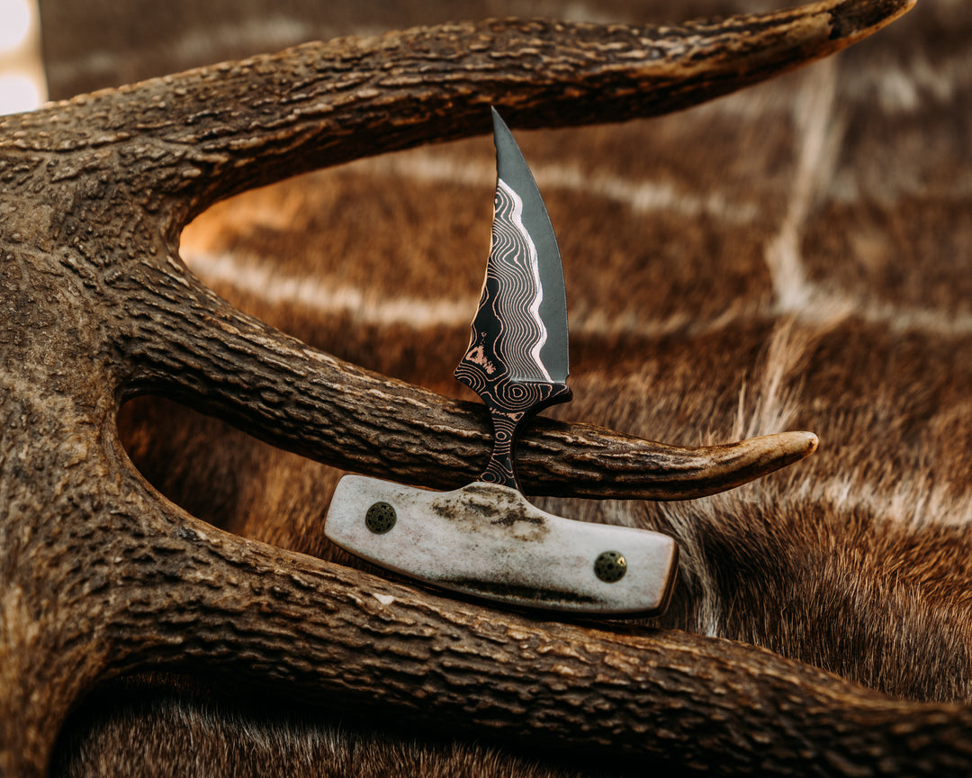 K9 Push Blade- Baker Forge CopperMai -Raindrop (Ni Shim)-Elk Antler, Mosaic Pins, Smooth Natural Grip