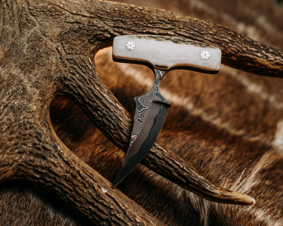 K9 Push Blade- Baker Forge CopperMai -Raindrop (Ni Shim)-Elk Antler, Mosaic Pins, Smooth Natural Grip