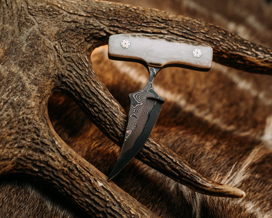 K9 Push Blade- Baker Forge CopperMai -Raindrop (Ni Shim)-Elk Antler, Mosaic Pins, Smooth Natural Grip