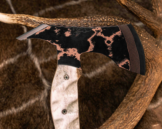Recce Alpha Hawk- Baker Forge Random Pattern CopperMai- Elk Antler, Black G10 and Copper Pin Striping, Black Burlap Micarta and Desert Ironwood Split, Black Burlap Micarta, Mosaic Pins, Textured Grip