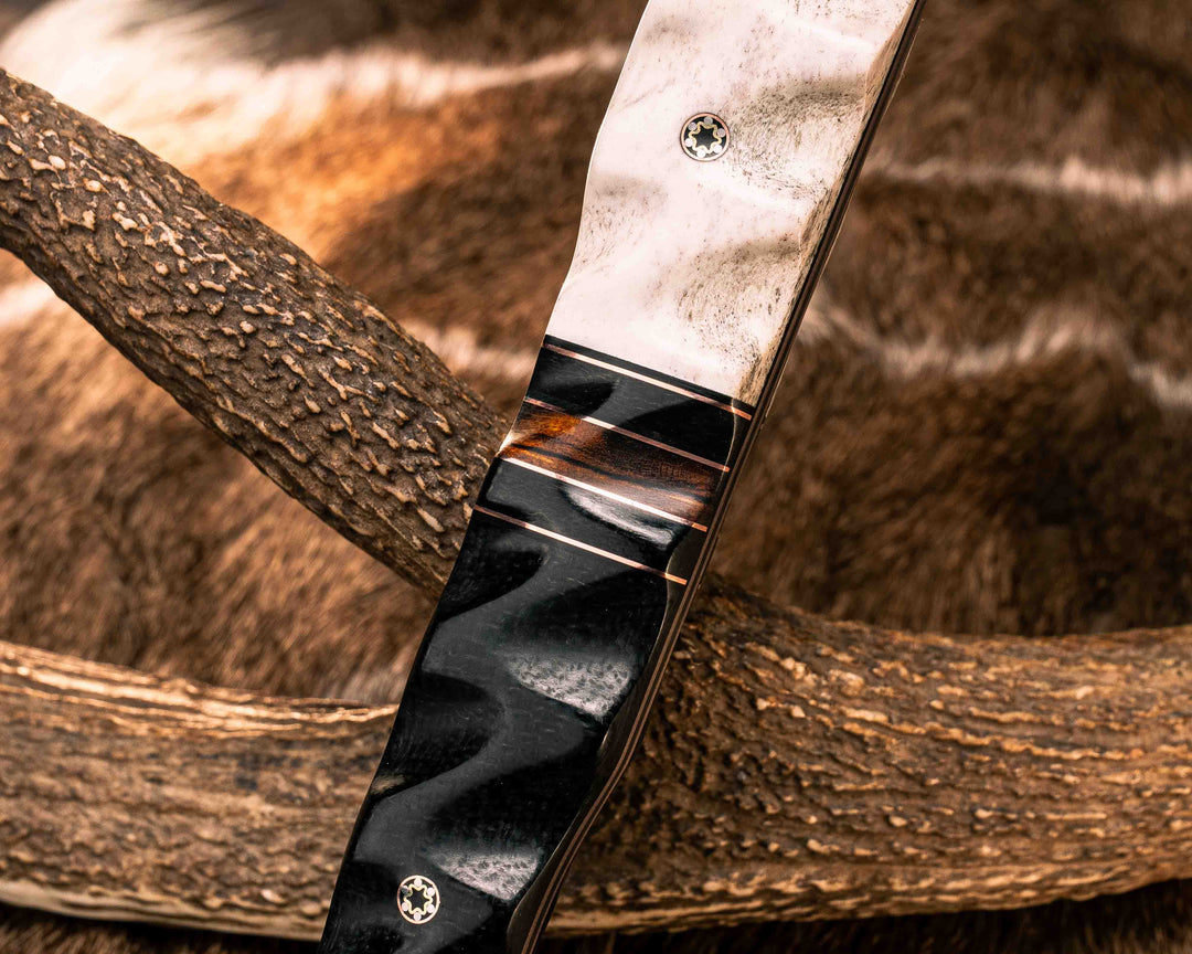 Recce Alpha Hawk- Baker Forge Random Pattern CopperMai- Elk Antler, Black G10 and Copper Pin Striping, Black Burlap Micarta and Desert Ironwood Split, Black Burlap Micarta, Mosaic Pins, Textured Grip