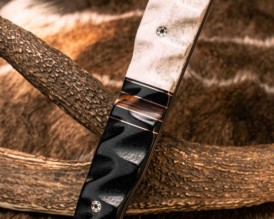 Recce Alpha Hawk- Baker Forge Random Pattern CopperMai- Elk Antler, Black G10 and Copper Pin Striping, Black Burlap Micarta and Desert Ironwood Split, Black Burlap Micarta, Mosaic Pins, Textured Grip