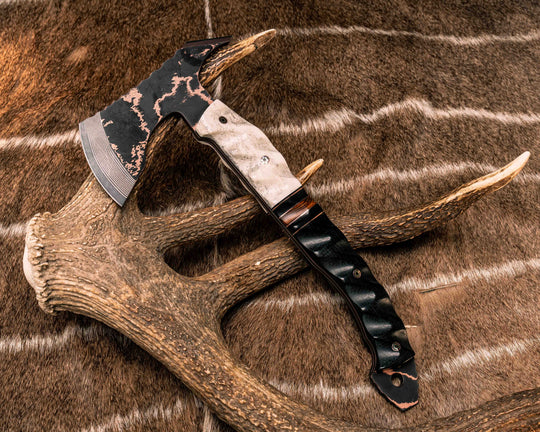 Recce Alpha Hawk- Baker Forge Random Pattern CopperMai- Elk Antler, Black G10 and Copper Pin Striping, Black Burlap Micarta and Desert Ironwood Split, Black Burlap Micarta, Mosaic Pins, Textured Grip