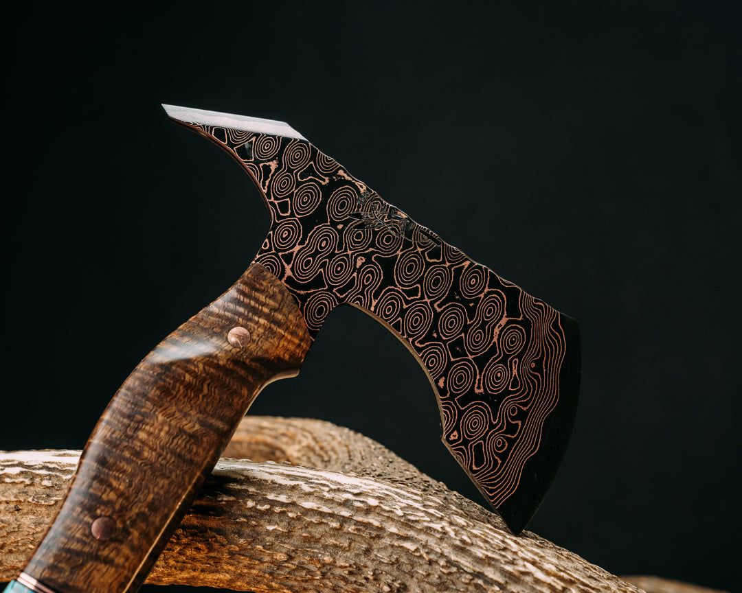 Reece Charlie Hawk- Baker Forge Raindrop CopperMai- Hawaiian Curly Koa, Black G10, Copper and White G10 Pin Striping, Turquoise with Copper Web Tru-stone Split, Dyed Coral, Copper Pins, 3/8" Mosaic Pins, Textured Grip