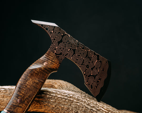 Reece Charlie Hawk- Baker Forge Raindrop CopperMai- Hawaiian Curly Koa, Black G10, Copper and White G10 Pin Striping, Turquoise with Copper Web Tru-stone Split, Dyed Coral, Copper Pins, 3/8" Mosaic Pins, Textured Grip