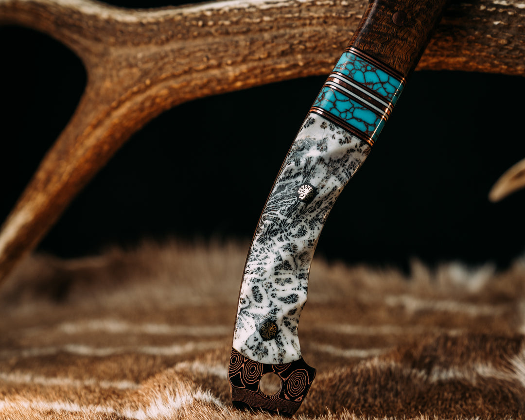 Reece Charlie Hawk- Baker Forge Raindrop CopperMai- Hawaiian Curly Koa, Black G10, Copper and White G10 Pin Striping, Turquoise with Copper Web Tru-stone Split, Dyed Coral, Copper Pins, 3/8" Mosaic Pins, Textured Grip