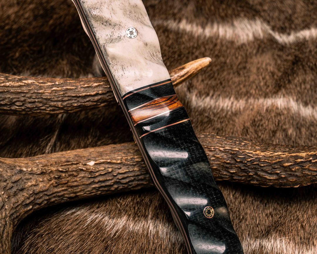 Recce Alpha Hawk- Baker Forge Random Pattern CopperMai- Elk Antler, Black G10 and Copper Pin Striping, Black Burlap Micarta and Desert Ironwood Split, Black Burlap Micarta, Mosaic Pins, Textured Grip