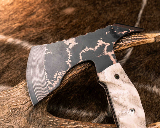 Recce Alpha Hawk- Baker Forge Random Pattern CopperMai- Elk Antler, Black G10 and Copper Pin Striping, Black Burlap Micarta and Desert Ironwood Split, Black Burlap Micarta, Mosaic Pins, Textured Grip